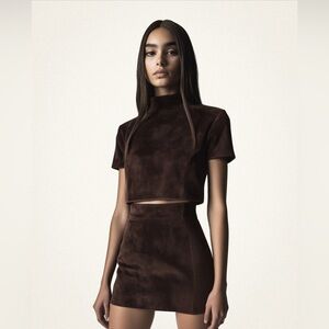 JW PEI Grace Faux Suede Crop Top and Mini Skirt Set - Chocolate Brown